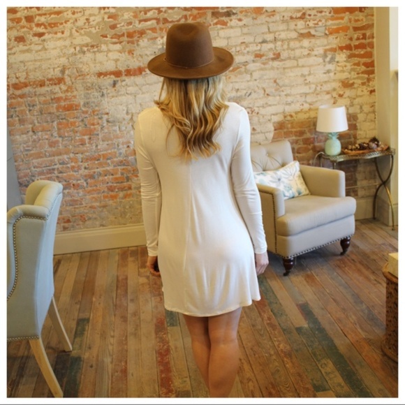 LAST ONE! Ivory Long Sleeve V Neck Knit Dress - Picture 2 of 2
